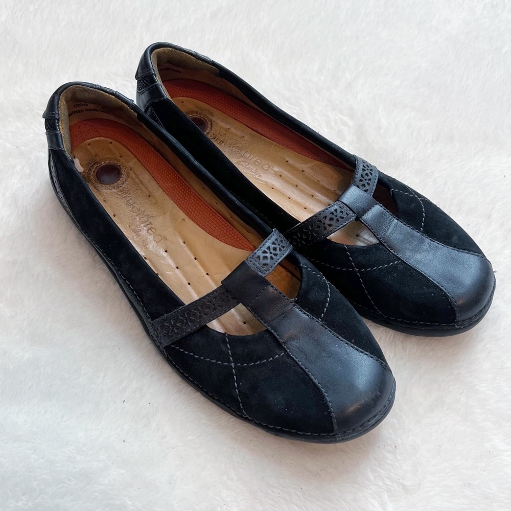 Clarks Unstructured Black Leather Casual Mary Jane Flats | Size 9N